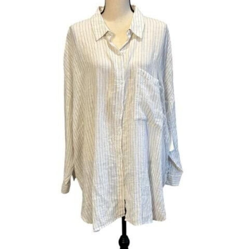 Eileen Fisher Off White Bronze Stripe Organic Linen Button Down Shirt